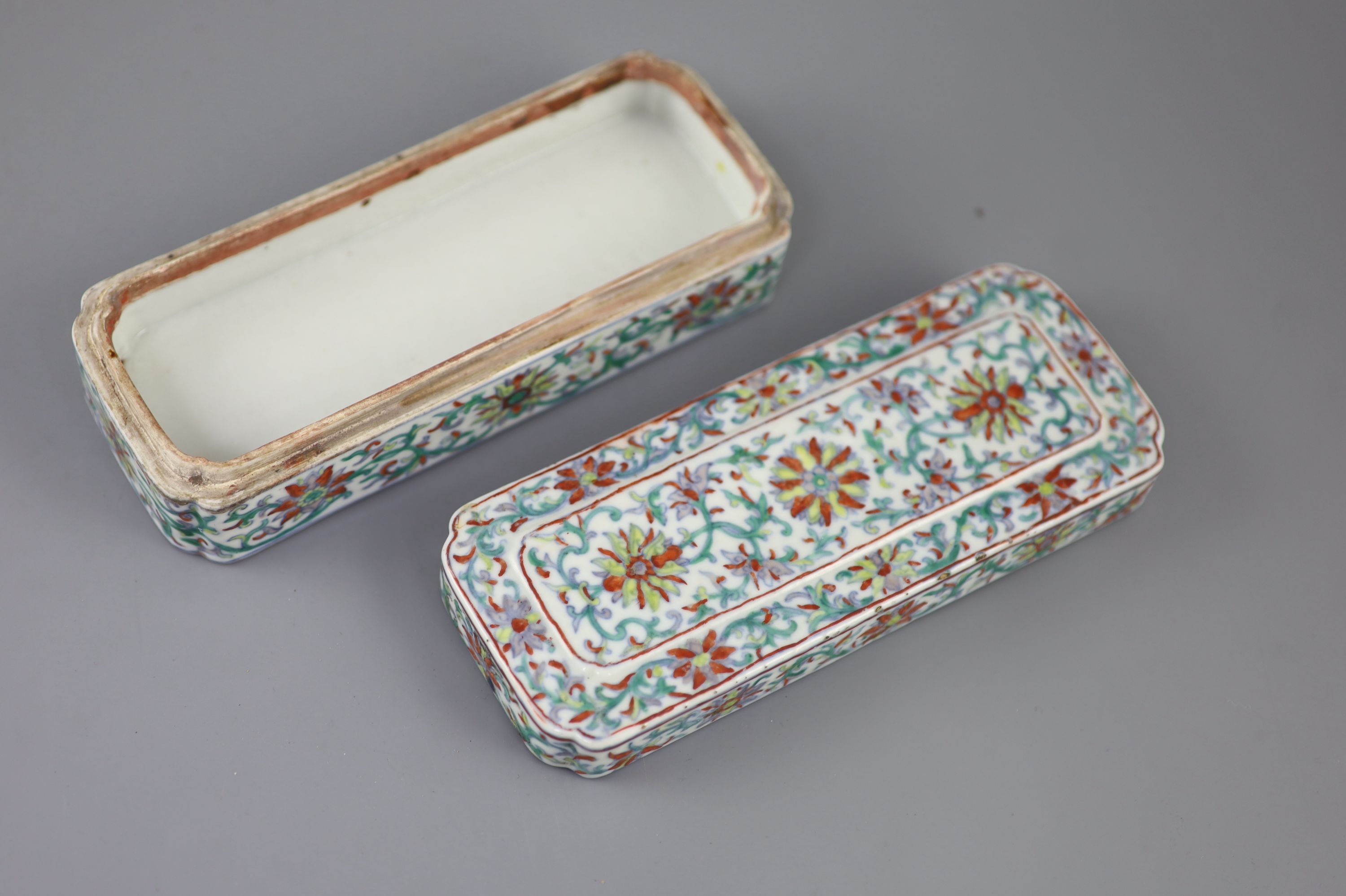 A unusual Chinese doucai scribes box, Qing dynasty, 18cm long